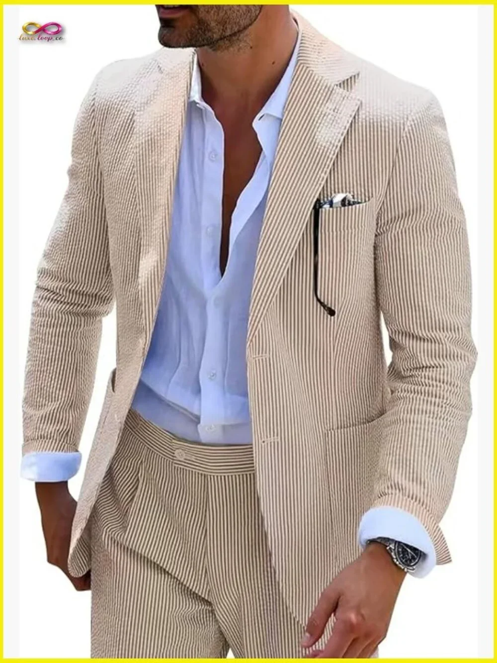 Seersucker Slim Fit Suit Set Formal Summer Wedding Grooms Blazer Pants
